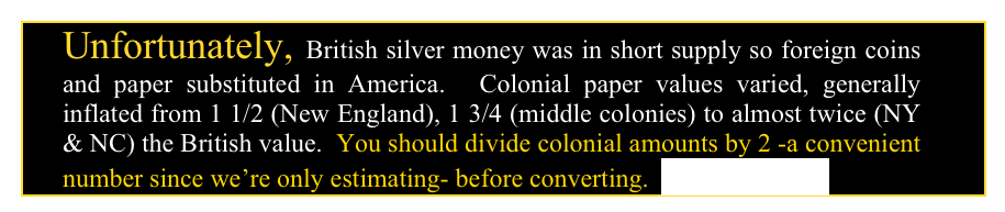 Unfortunately, British silver money was in short supply so foreign coins and paper substituted in America.  Colonial paper values varied, generally inflated from 1 1/2 (New England), 1 3/4 (middle colonies) to almost twice (NY & NC) the British value.  You should divide colonial amounts by 2 -a convenient number since we’re only estimating- before converting.  MORE INFO