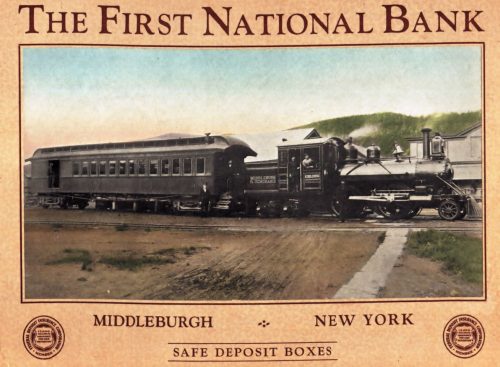 The First National Bank.Middleburgh New York
Safe Deposit Boxes.
A moving train is featured in this picture.