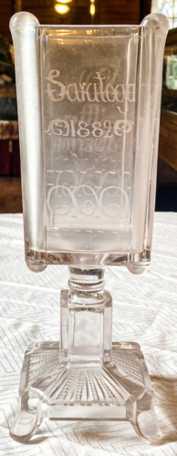 Glass Celery holder containing the words "Saratoga, 1882."