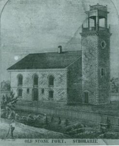 Illustration of Old Stone Fort with belfry on tower.